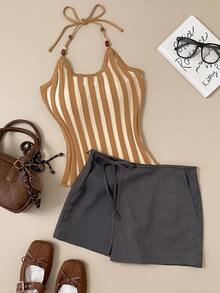 Muvela Spring/Summer New Gray One-Piece Layered Tie-Up Bow Design Sweet Cute Collegiate Style Women Skirt Shorts - Dark Grey - View 5