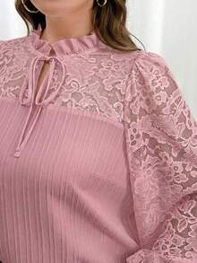 Reflora Plus Size Women Contrast Lace Frill Trim Tie Neck Elegant Blouse - Coral Pink - View 4