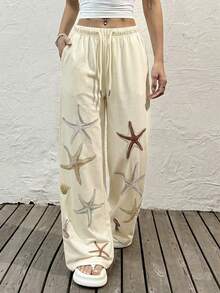 SHEIN EZwear Summer Women's Drawstring Waist Pocket Starfish Print Loose Wide Leg Sweatpants,  Beach Pants For Women Vacation Pants - Multicolor - View 4