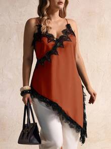 Elegantrix Plus Size Women Urban Casual Lace Asymmetric Hem V-Neck Patchwork Solid Color Camisole - Brown - View 2