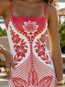 CAJUNI Tropical Coconut Tree Print Bodycon Dress, Form-Fitting - Red and White - View 3
