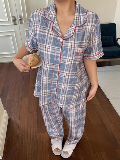 Napfluff CURVE 加大码格子印花撞色滚边睡衣套装