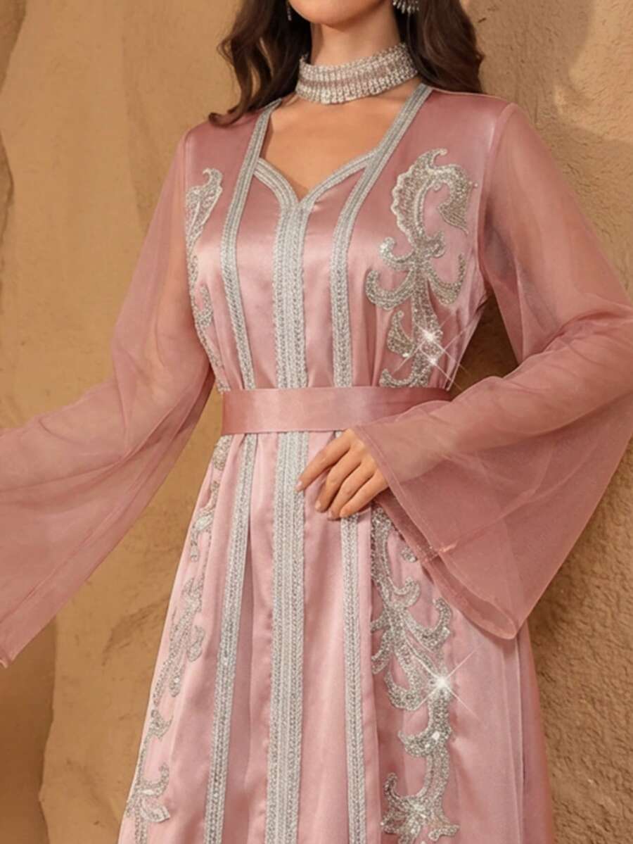 Al Najma 缎面纯色丝带装饰奢华3D立体花朵腰部优雅二合一连衣裙 - 粉色 - 查看 1