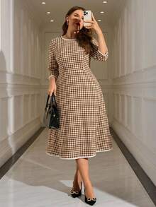EMERY ROSE Plus Size Women's Summer White Autumn 1920s Everyday Plaid Print Contrast Trim Elegant Commuter Dress,Vacation Outfits,Spring Break,Modest Sun Dresses - Apricot - View 5