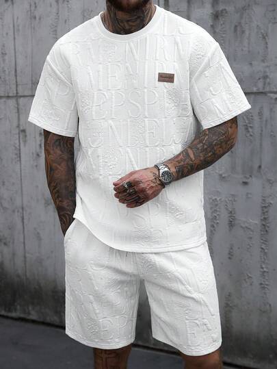 Manfinity CasualCool Men's Knitted T-Shirt Set, Letter Jacquard Pattern, Fashionable For Daily Wear,Men Old Money,Daily Leisure, Weekend Trips, Outdoor Activities, Travel Expeditions, Relaxed Work Environments Or Semi-Formal Occasions, Boyfriend/Husband Gift, Anniversary /Birthday Gift Party Summer Vacation Holiday,Wedding,Spring To Summer,Easter,Y2k,Vintage,Men's Fashion White Embossed Letter Casual Summer T-Shirt And Shorts Set Crew Neck Short Sleeve Two Piece Outfit,Mens All White 2 Piece Short Sets,Men 2 Piece Short Sets,Casual Urban Men Two Piece Set,Men's Embossed Knitted Casual Set,White Textured Shorts Men