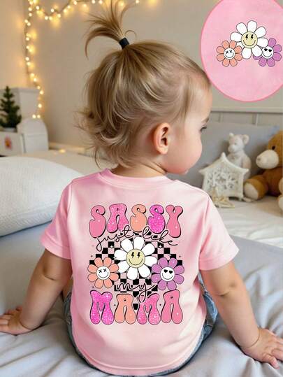 Camiseta básica rosa de manga corta para niñas, con estampados casuales y minimalistas de flores, estrellas, corazones, cuadros, leopardo y lemas, ideal para uso diario en primavera, verano y otoño