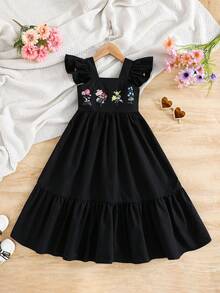SHEIN Young Girl Floral Print Ruffle Hem Casual Dress - Black - View 4