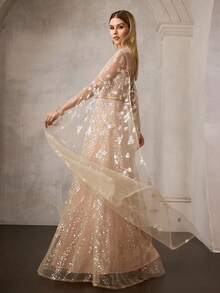 MOTF PREMIUM VESTIDO FORMAL DE MUJER NUEVO DE COLOR ALBARICOQUE CON CAPA DE MALLA BORDADA, VESTIDO LARGO CON CUELLO EN V PROFUNDO Y CINTURA CEÑIDA, VESTIDO DE NOCHE DE ESTILO DE PASARELA DE LUJO - Albaricoque - Ver 5