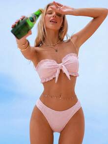 Swim Basics Summer Beach Schiffy Knot Front Bandeau Bikini Set - Baby Pink - View 1