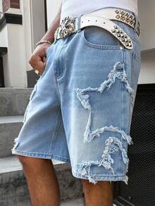 Manfinity EMRG Pantalones anchos y sueltos con parches de estrella y efecto desgastado, moda callejera de hip hop estadounidense para hombres - Lavado ligero - Ver 2