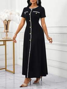 SHEIN Lady Women's Round Neck Button Casual Waist Cinched Long Dress, Suitable For Dates And Parties - Black - View 6