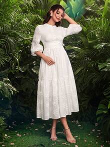 Modelyn Women's Stand Collar Pearl Button Waist Lantern Sleeve Midi Dress - White - View 5