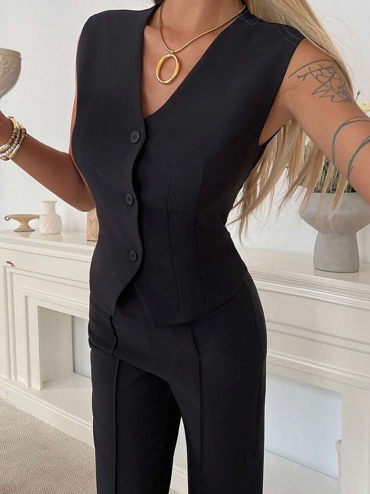 1 Set Women's Sleeveless V-Neck Solid Color Top And Casual Pants