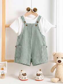 SHEIN Baby Boy Cute Casual Versatile Striped Bib Shorts - Multicolor - View 12