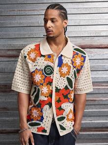 AXEPEAK Plus Size Men's Casual Crochet Patchwork Knit Sweater - Multicolor - View 5