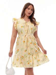 Solavibe 大码女式休闲度假短袖系带A字印花连衣裙，春夏款 - 黃色 - 查看 4