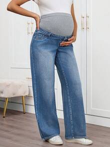 SHEIN 女士纯色简约日常孕妇牛仔裤，春夏嘉年华服装通勤度假毕业时尚Y2K可爱街头风派对婚礼优雅商务休闲女式孕妇阔腿牛仔裤，高腰弹力设计，舒适孕妇牛仔裤 - 藍色 - 查看 4