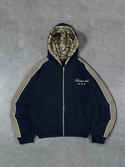 PAVTROS Men's Streetwear, Retro, Ins Style Hoodie, Knitted Hooded Cardigan, Sweatshirt, Plush Leopard Print Fabric, Luxury Quality, Brand Logo, Personalized, Streetwear, Casual, Fashion, Outdoor, Back To School, Holiday Gift, Boyfriend Gift, Husband Gift