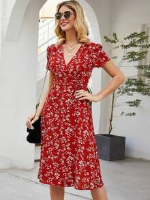 Breezaya Women's Fashion V-Neck Floral Criss-Cross Tie Wrap Dress - Red - View 5