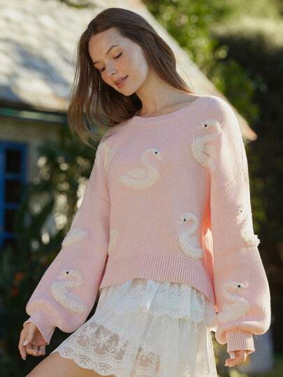 WESTFADE 圆领毛绒天鹅贴花宽松长袖混色针织套头毛衣，适合春季、度假、夏季、海滩、音乐节、乡村音乐节、科切拉音乐节、休闲、可爱、波西米亚风、纳什维尔、牛仔、牛仔竞技、乡村音乐会等场合，女士西部风格服饰。