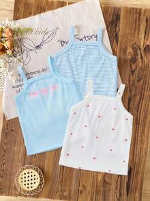 SHEIN Playful Pals 3件套女婴提花吊带背心。无袖设计，清爽透气，可爱时尚，马卡龙粉彩色系，甜美又显身材。面料柔软舒适，休闲可爱，适合春夏外出、户外玩耍、度假、日常穿着和旅行。 - 彩色 - 查看 7