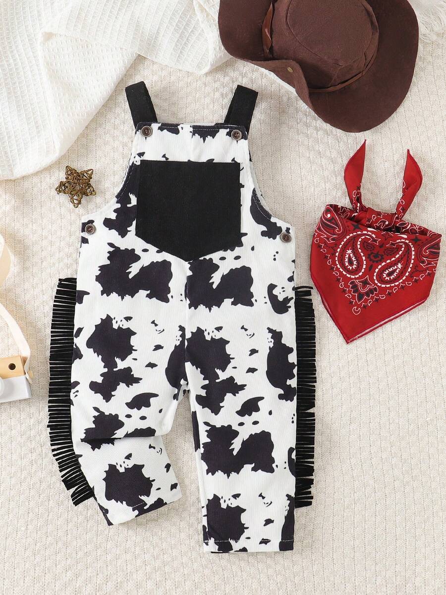 SHEIN 两件套幼儿男童西部牛仔休闲百搭可爱西部牧场图案印花口袋连体裤，饰有流苏，搭配红色头巾和无遮阳西部牛仔帽 - 黑與白 - 查看 1