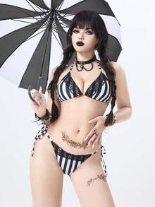 ROMWE Goth 女士春夏新款蕾丝边条纹元素露背系带三角裤哥特风比基尼两件套 - 彩色 - 查看 5