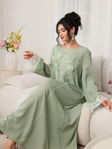 Graceveil Fashionable Casual Loose Round Neck Applique Long Sleeve Flared Elegant Modest Dress - Green - View 7