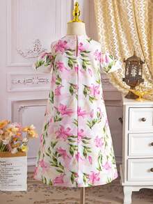 Bộ váy dài ngang gối màu hồng và trắng thêu hoa ly cho bé gái - Nhiều màu - Xem 6