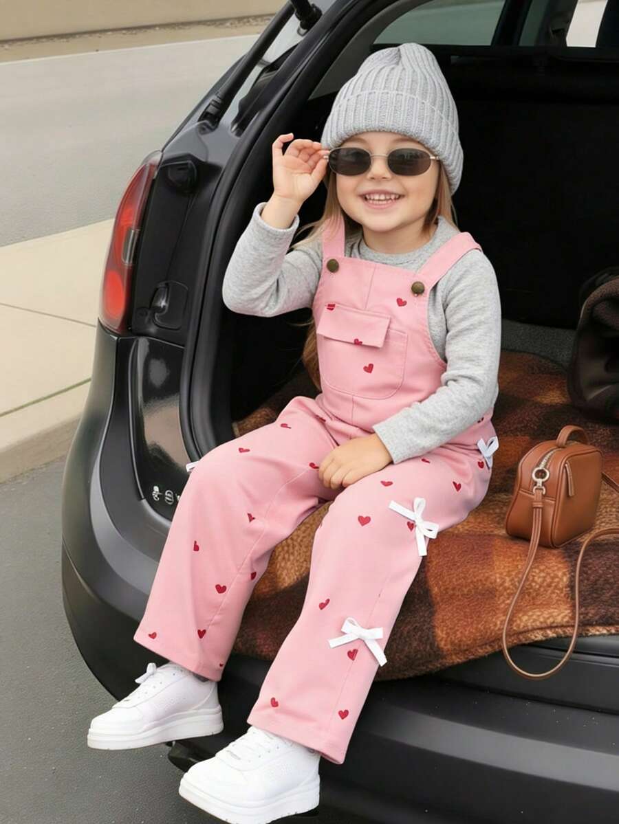 Elladie kids 女童休闲卡其色背带裤，饰有蝴蝶结，宽松直筒裤型，面料柔软舒适，适合日常、上学、通勤，春夏秋冬四季皆宜。