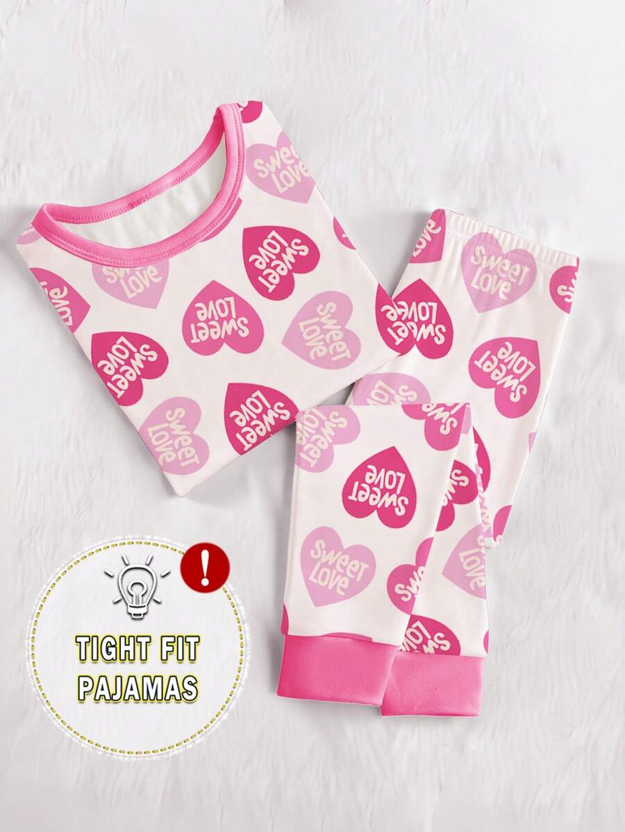 1 Set Pijama de niña bebé con parte superior de manga corta ajustada con estampado de corazones y letras y pantalones con estampado todo sobre, primavera/verano - Rosa - Ver 1