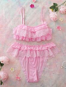 QuietHaus 2pcs Pink Ruffled 3D Floral Lace & Mesh Patchwork Romantic Countryside Inspired Lingerie Set, Suitable For Vacation, Party, Music Festival - Pink - View 4