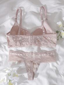 DelicateAllure Floral Lace Underwire Bra & Panty Lingerie Set - Khaki - View 2