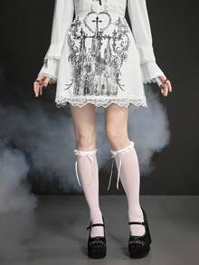 ROMWE Goth 深色修道院印花撞色蕾丝边缎面中长裙 - 白色 - 查看 1