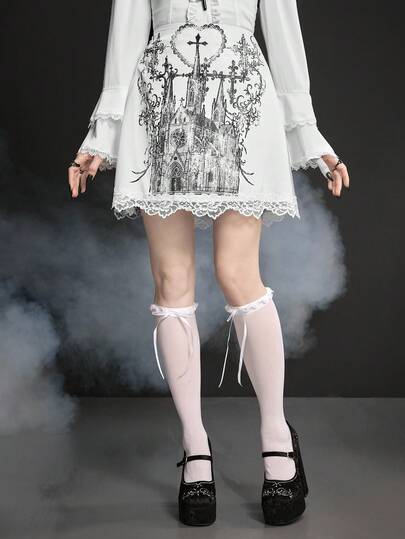 ROMWE Goth Dark Monastery Print Contrast Lace Trim Satin Midi Skirt