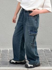 DAZY Quần jeans ống rộng thoải mái có túi hộp dành cho bé trai tuổi teen - Rửa tối - Xem 6
