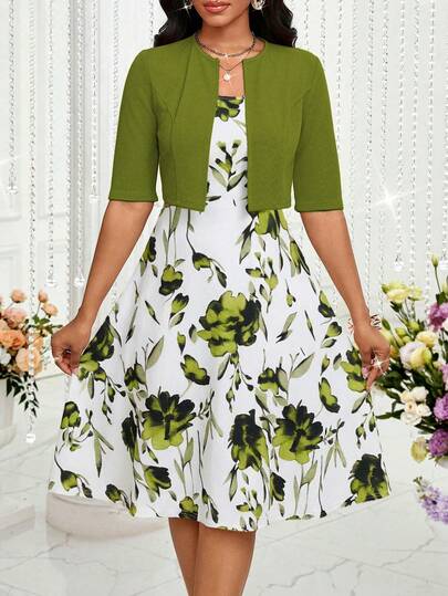 SHEIN Lady Women's Elegant Solid Color Cropped Top And Floral Print Dress 2-Piece Set, Summer