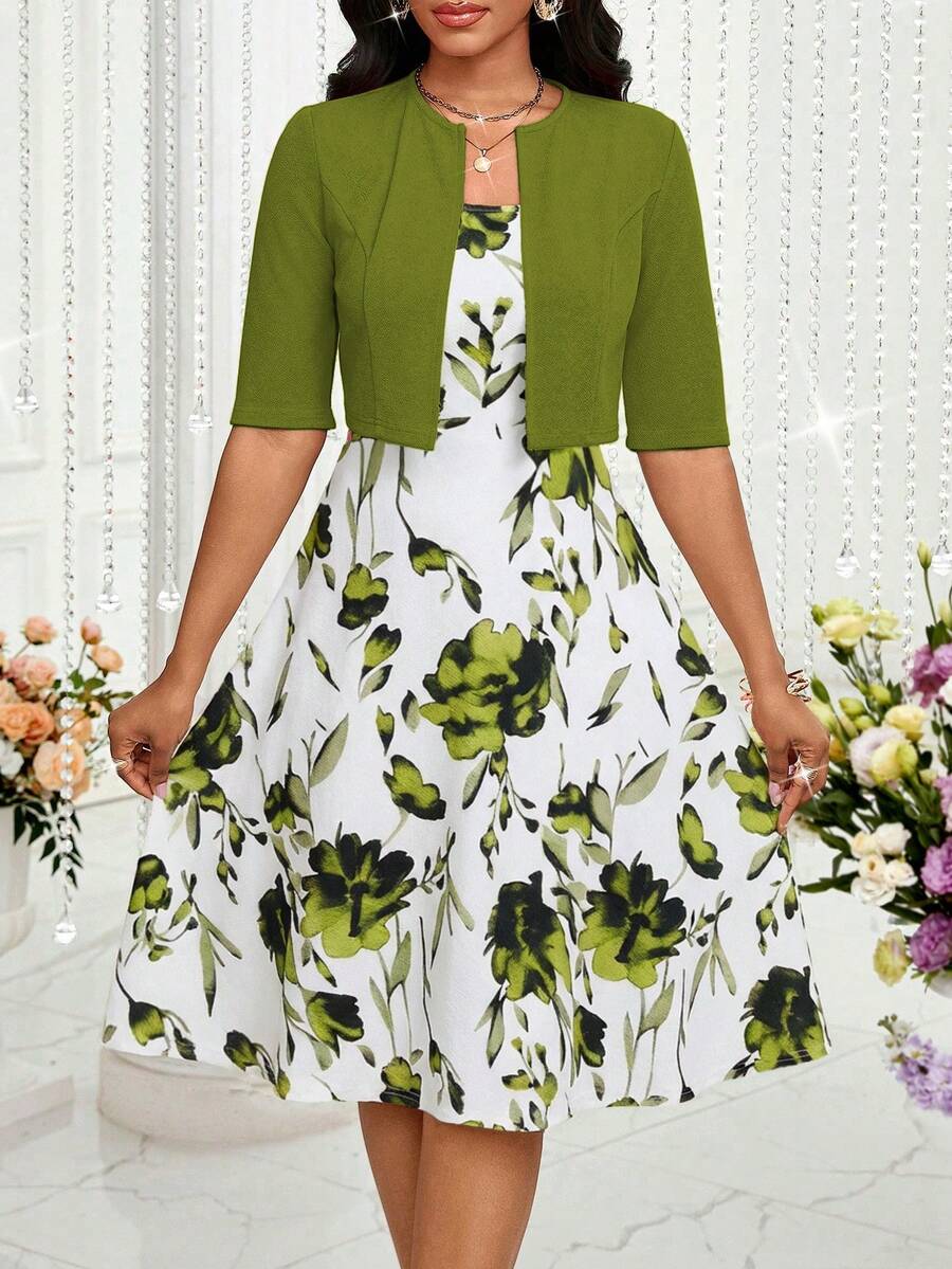 SHEIN Lady Bộ đồ 2 món thanh lịch dành cho nữ: Áo croptop màu trơn và váy họa tiết hoa, thích hợp cho mùa hè. - Nhiều màu - Xem 1