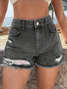 SHEIN Cottnline High Waist Grey Mini Denim Woman Short - Grey - View 1