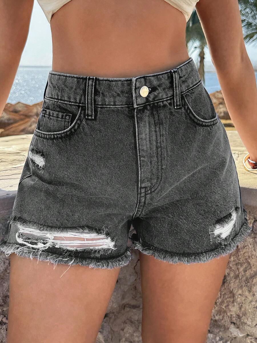 SHEIN Cottnline High Waist Grey Mini Denim Woman Short - Grey - View 1