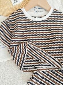 LMoss Kids 2 piezas Conjunto de camiseta de cuello redondo a rayas y pantalones cortos de punto para niña bebé - Multicolor - Ver 6