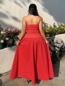 GalTyme 大码优雅波点印花无肩带连衣裙，夏季 - 紅色 - 查看 3
