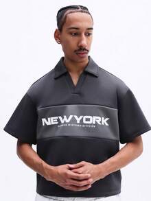 SUMWON Cropped Boxy Fit Polo Shirt With Chest Print Casual Short Sleeve Collared Top Summer Urban Streetwear Style - Dark Grey - View 4