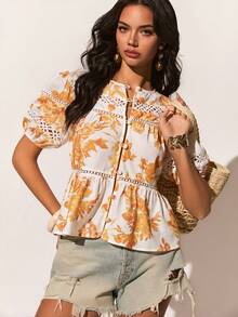 Poéselle Women's Vintage Floral Puff Sleeve Peplum Blouse With Lace Insets,Button-Front Cottagecore Top,Orange And White,Summer,Boho,Vacation,Holiday Resort - Multicolor - View 2