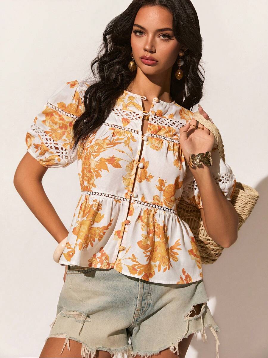Poéselle Women's Vintage Floral Puff Sleeve Peplum Blouse With Lace Insets,Button-Front Cottagecore Top,Orange And White,Summer,Boho,Vacation,Holiday Resort