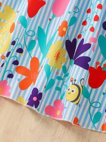 SHEIN 女童休闲条纹碎花无袖梭织连衣裙 - 藍色 - 查看 5