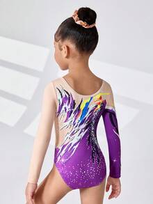 1件女童體操連身衣，長袖數位印花可愛運動連身衣，彈性舞蹈服 - 紫色 - 查看 2