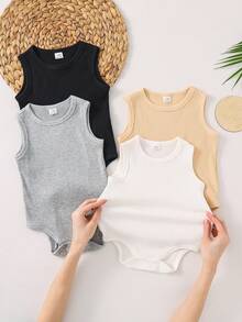 SHEIN 4件套可爱休闲纯色针织连体衣套装，适合男宝宝/女宝宝，春夏皆宜 - 彩色 - 查看 4