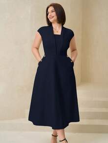 SHEIN Clasi Plus Size Elegant Button Decor Office Dress - Navy Blue - View 4