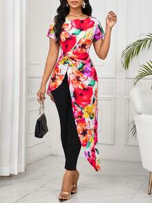 SHEIN Lady 女士圆领短袖收腰不对称下摆印花衬衫沙滩衬衫度假装扮女士上衣和衬衫工作装女士居家办公装扮印花上衣不对称上衣女士印花套装女士服装两件套女士春季套装女士流行套装女士最新套装女士度假套装女士套装女士春季套装女士连衣裙 - 彩色 - 查看 5